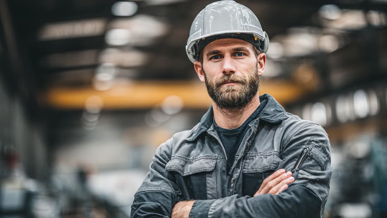 Confident Industrial Worker in Safety Gear: A Dedicated Professional Portraying Strength and Commitment in a Warehouse Environment