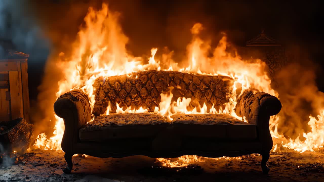소파는 어두운 방에서 불꽃에 싸여 있습니다.