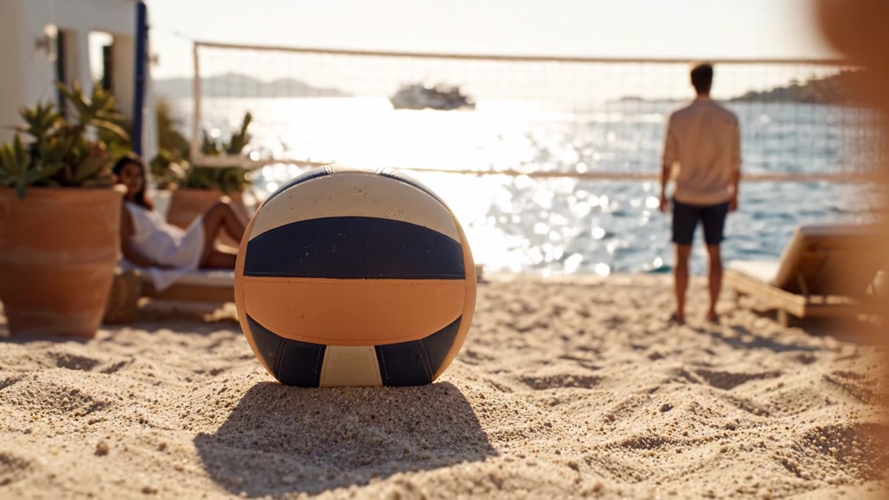 Escena de voleibol de playa: Jugadores listos para la acción en la orilla con una impresionante vista al océano y el sol poniente reflejado en la superficie del agua en un ambiente cálido