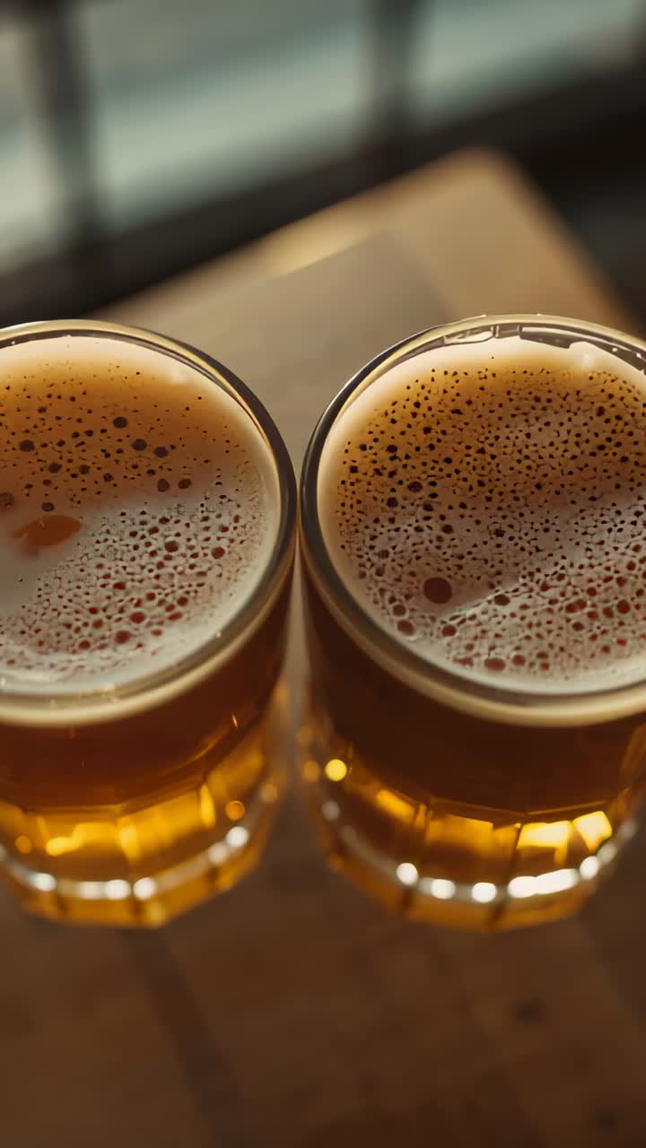 Video verticale: la telecamera si allontana, due bicchieri da birra sfaccettati si alzano vicino a una finestra a griglia, mostrando la schiuma.