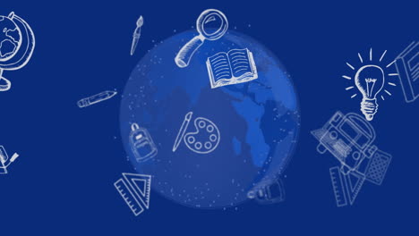 animation of school icons floating over blue globe and blue background