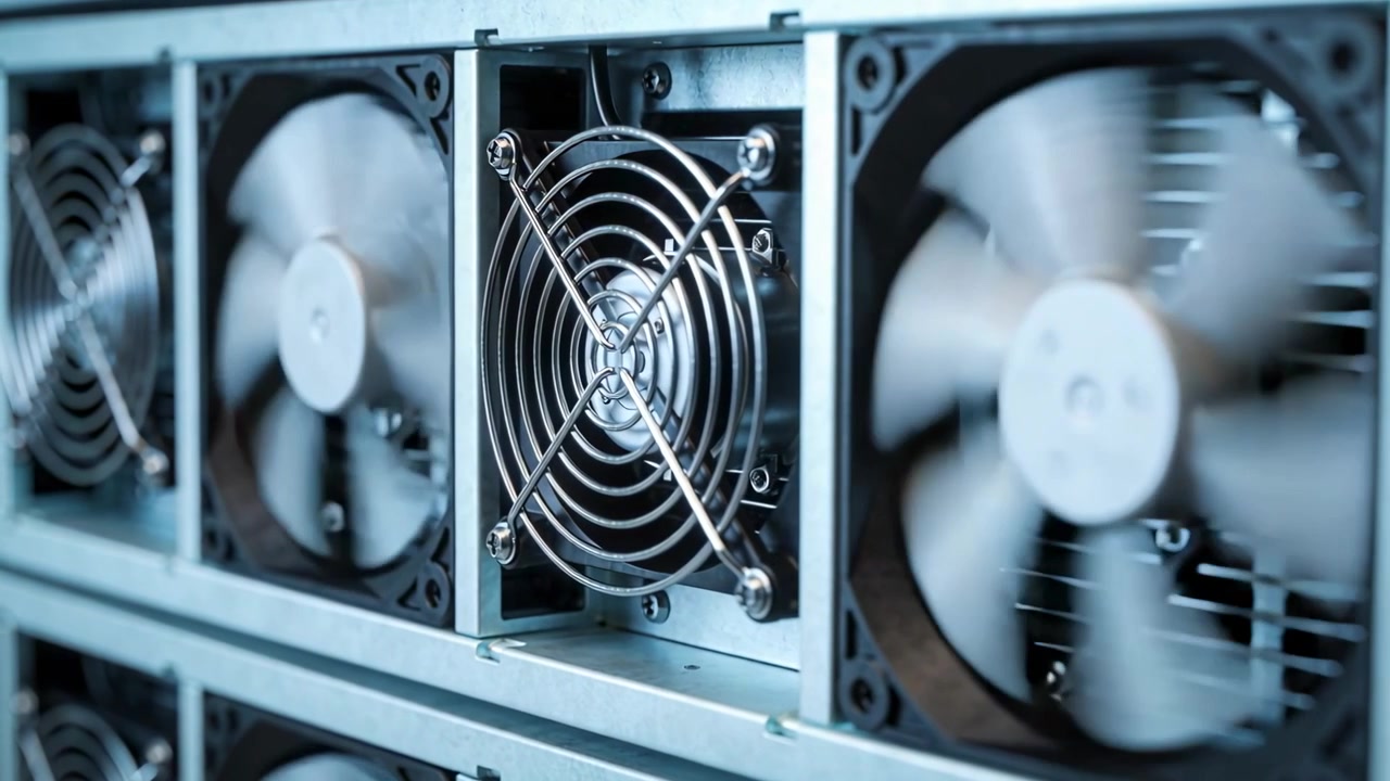 Ventiladores axiales de un rack de equipos encendidos y girando para enfriar servidores en una sala de máquinas, mostrando la rejilla central.