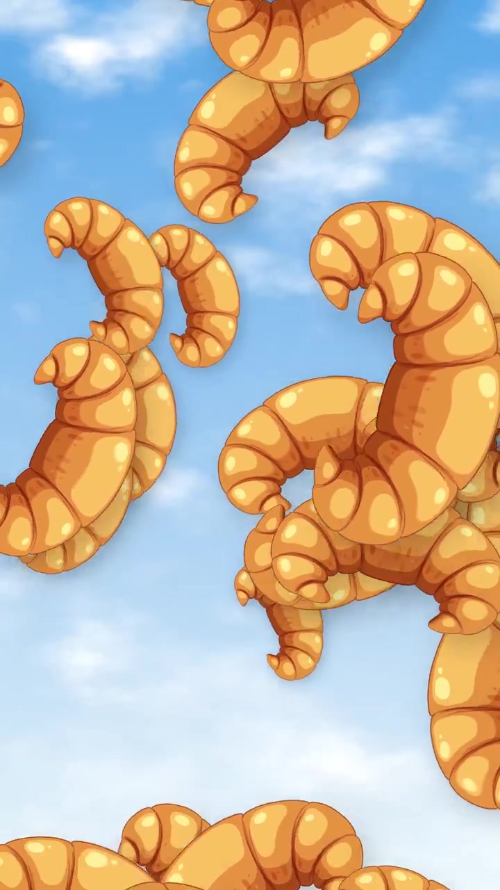 Vertical animation of illustrated croissants falling against a bright blue sky with soft clouds.