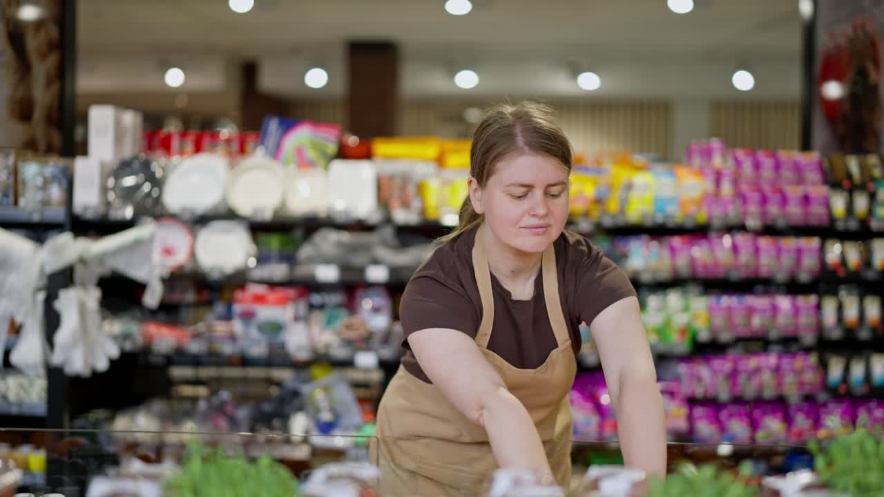chica feliz con una camiseta marrón y un delantal trabajador de un supermercado colocando mercancías en el mostrador durante el comienzo del día de trabajo