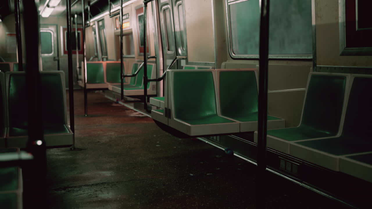 문을 열고 있는 야간 지하철 차량