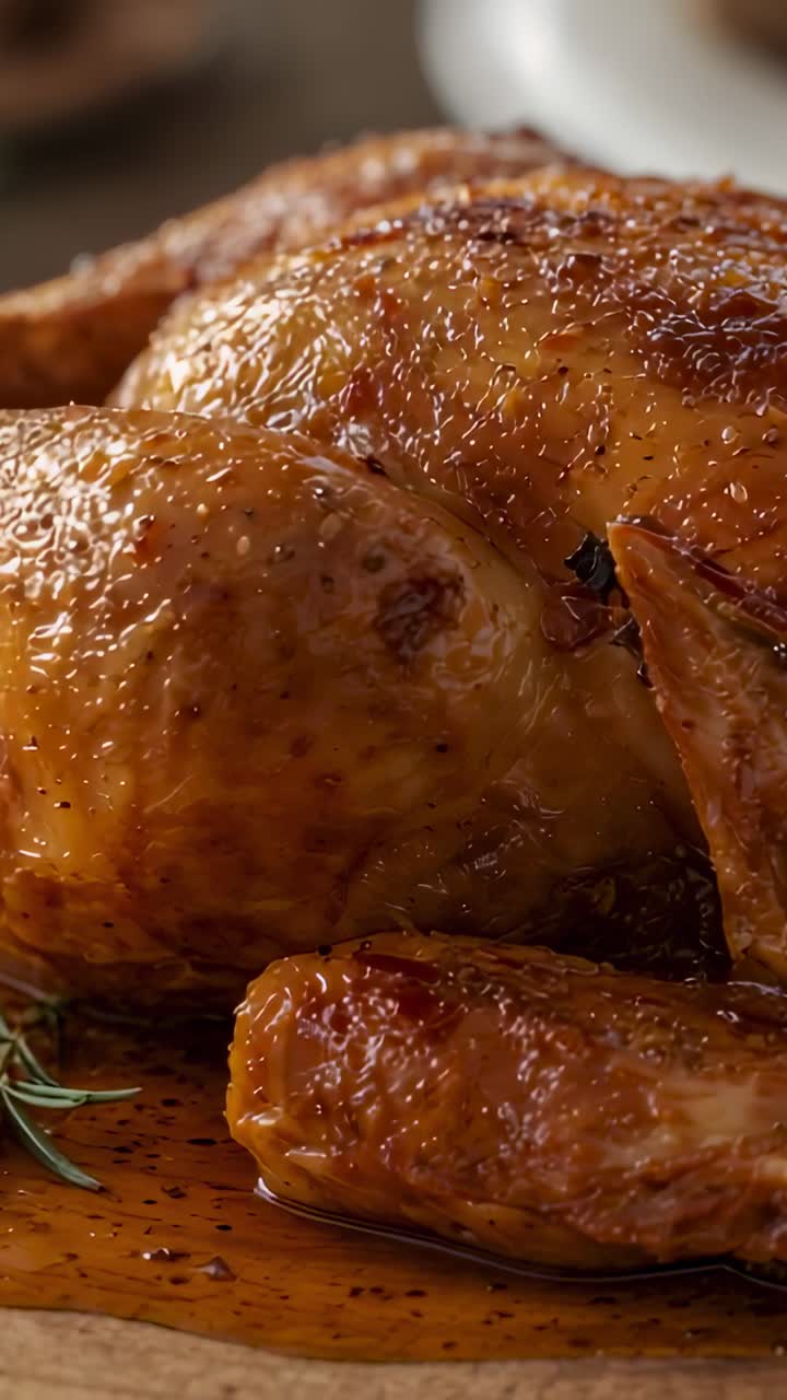 Video verticale: Telecamera lenta che si avvicina al pollo arrosto su un tagliere di legno, pronto da servire