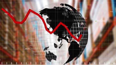 statistical data processing over spinning globe against warehouse in background