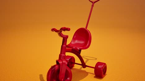 Triciclo-Infantil-Rojo-3d-Sobre-Fondo-Naranja,-Animación-3d,-Cámara-Alejada-Lentamente