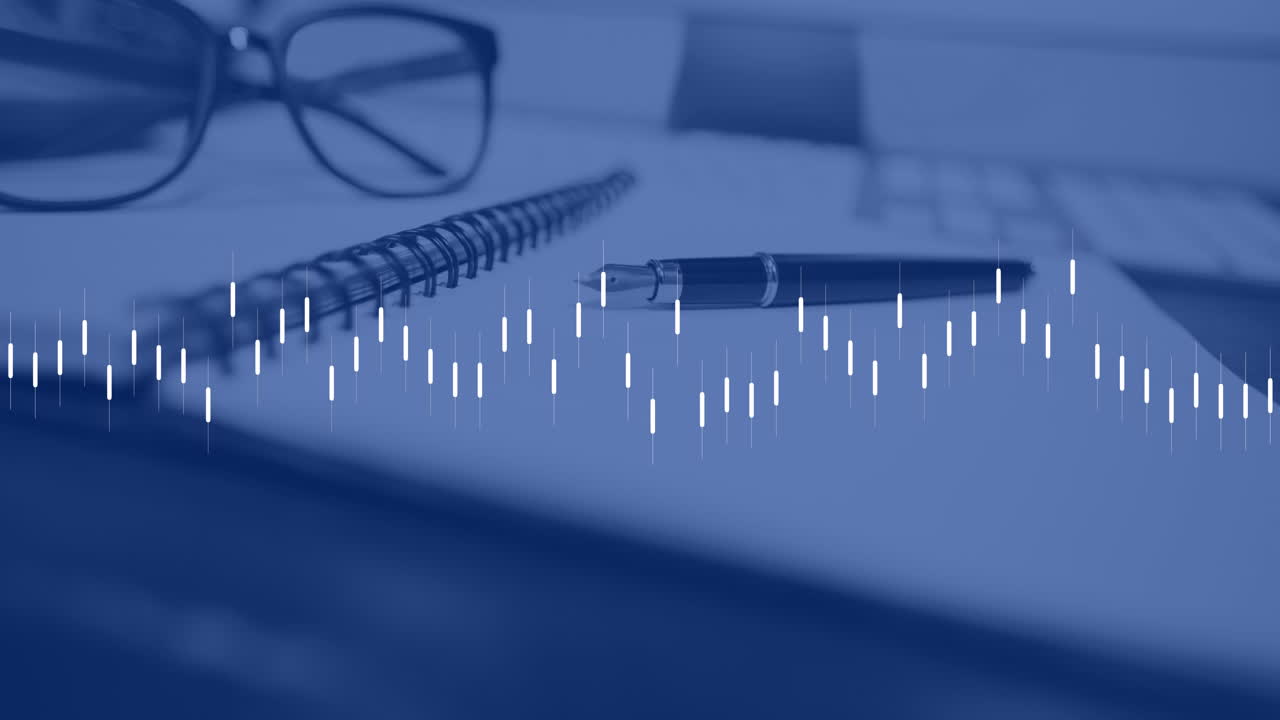 Animation of statistical data processing against close up of glasses, pen and diary on office desk