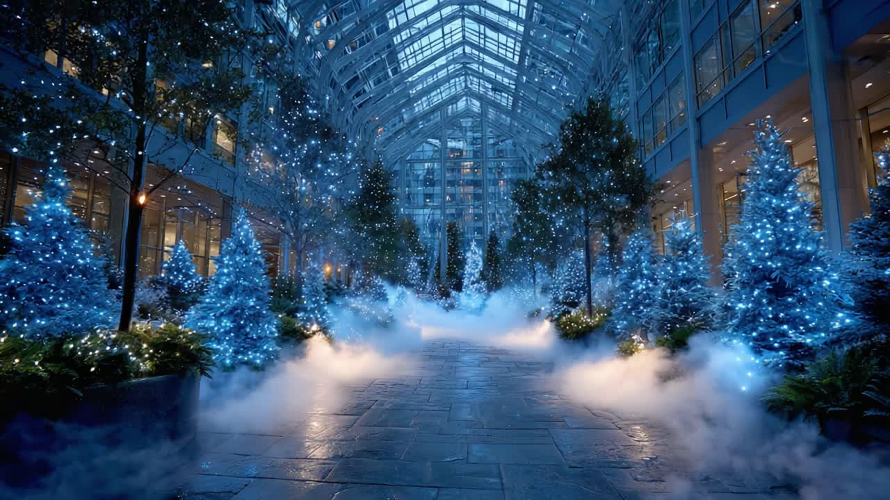 A Magical Winter Wonderland with Glowing Blue Christmas Trees, Sparkling Lights, and Ethereal Fog Creating an Enchanting Atmosphere