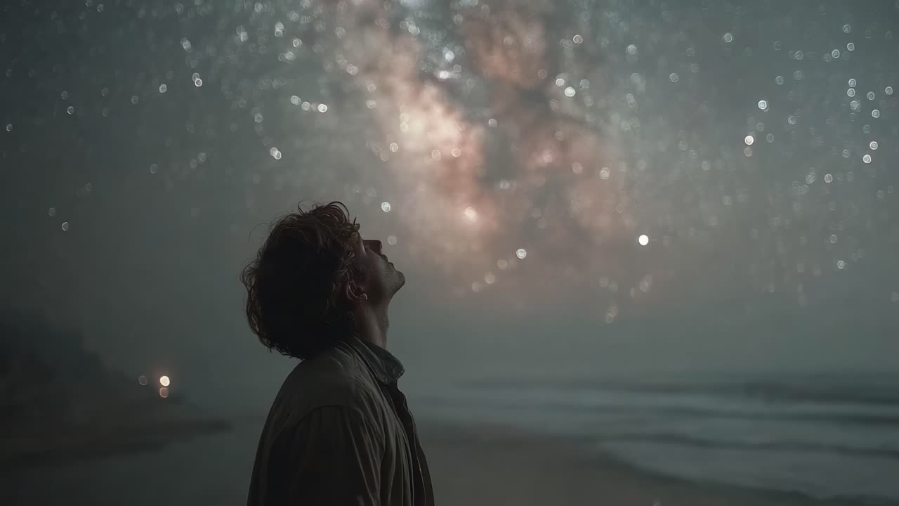A Person Gazing Up at a Brilliant Starry Sky, Marveling at the Beauty of the Milky Way and Celestial Wonders During a Tranquil Night on the Beach