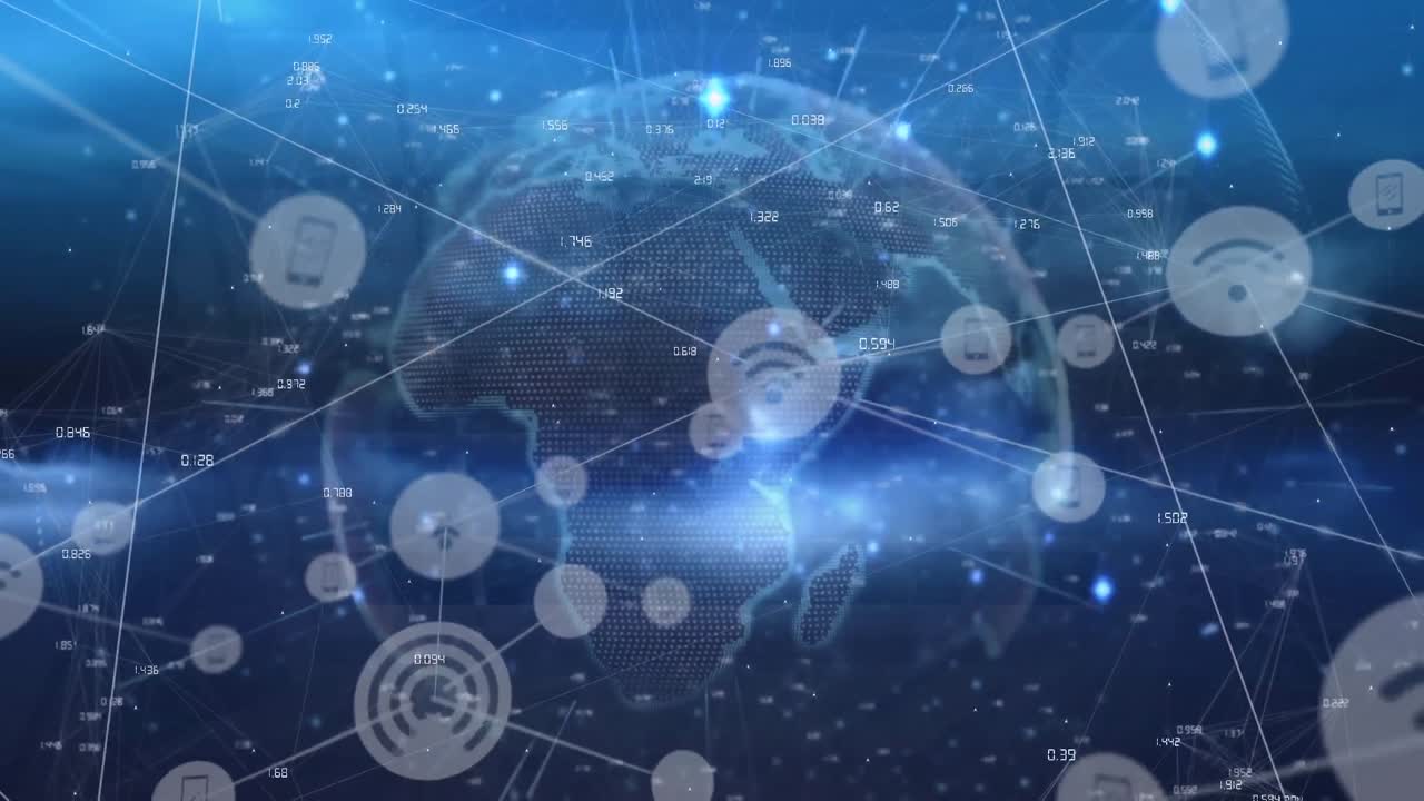 파란색 배경에 회전하는 지구상에서 디지털 아이콘과 빛의 흔적의 네트워크의 애니메이션