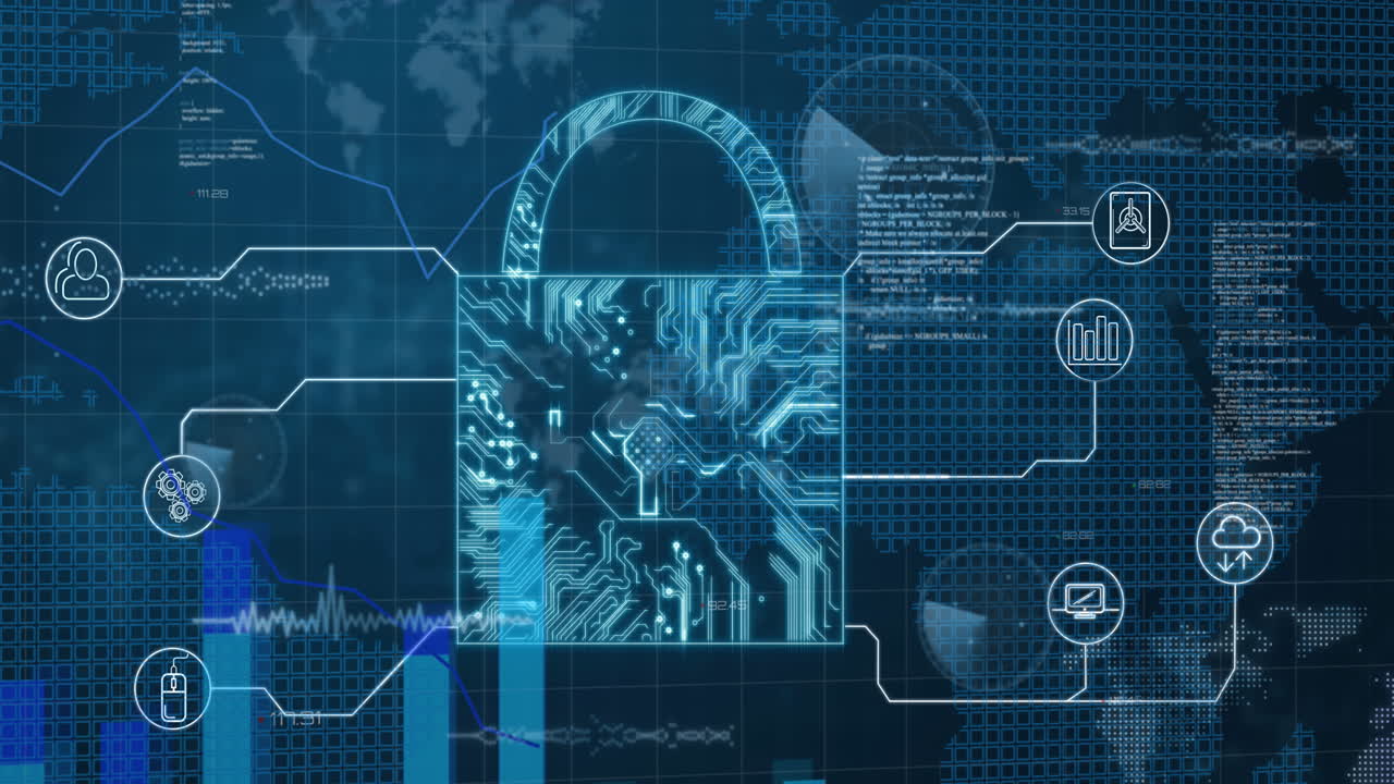 animación del candado de seguridad en línea con una red de iconos y procesamiento de datos