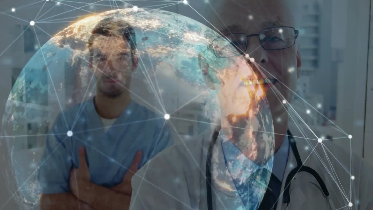 Digital globe appearing above medical staff showing rotating network nodes linking global care data