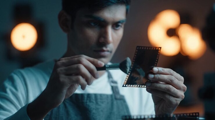 Focused on Film: A Dedicated Individual Examines a Transparent Film Negative with Careful Attention Using a Brush in a Softly Lit Studio Environment