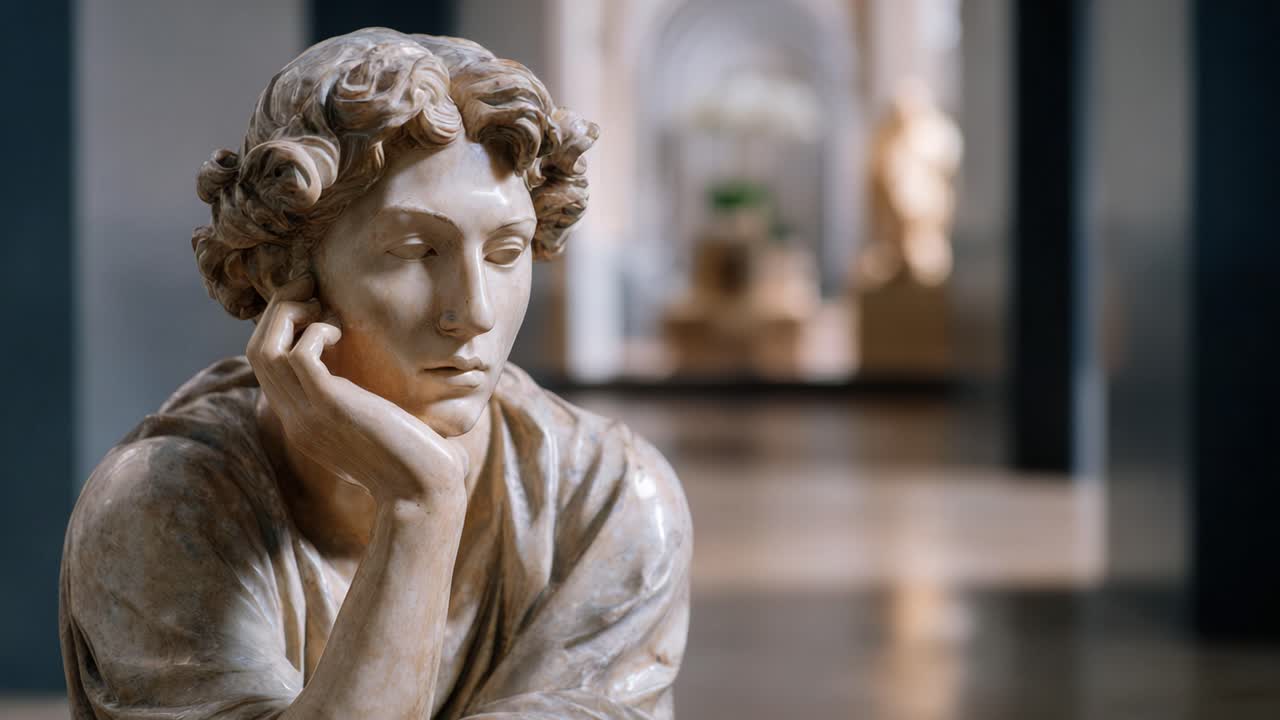 Una scultura in marmo contemplativa che raffigura una figura seduta con capelli ricci, assorta nei pensieri, esposta in un'elegante ambientazione museale circondata da luci soffuse.