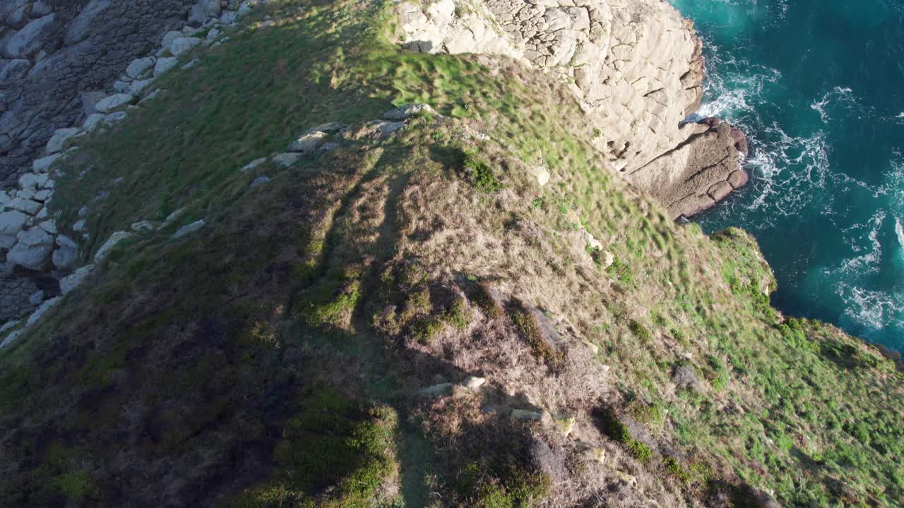epic green grass highland tilt up to sunny sea ocean horizon droneshot aerial, filmado en la naturaleza al aire libre española en españa, playa de tagle