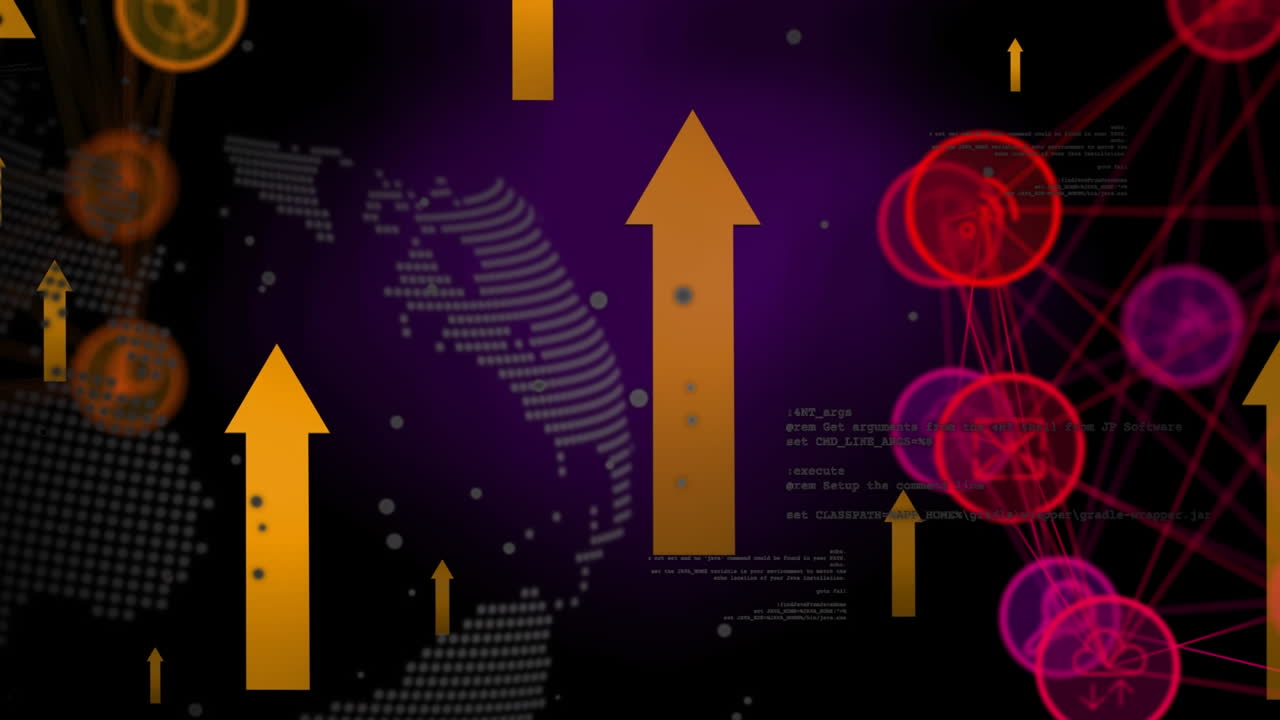 animación del globo, flechas flotantes y conexiones en fondo violeta