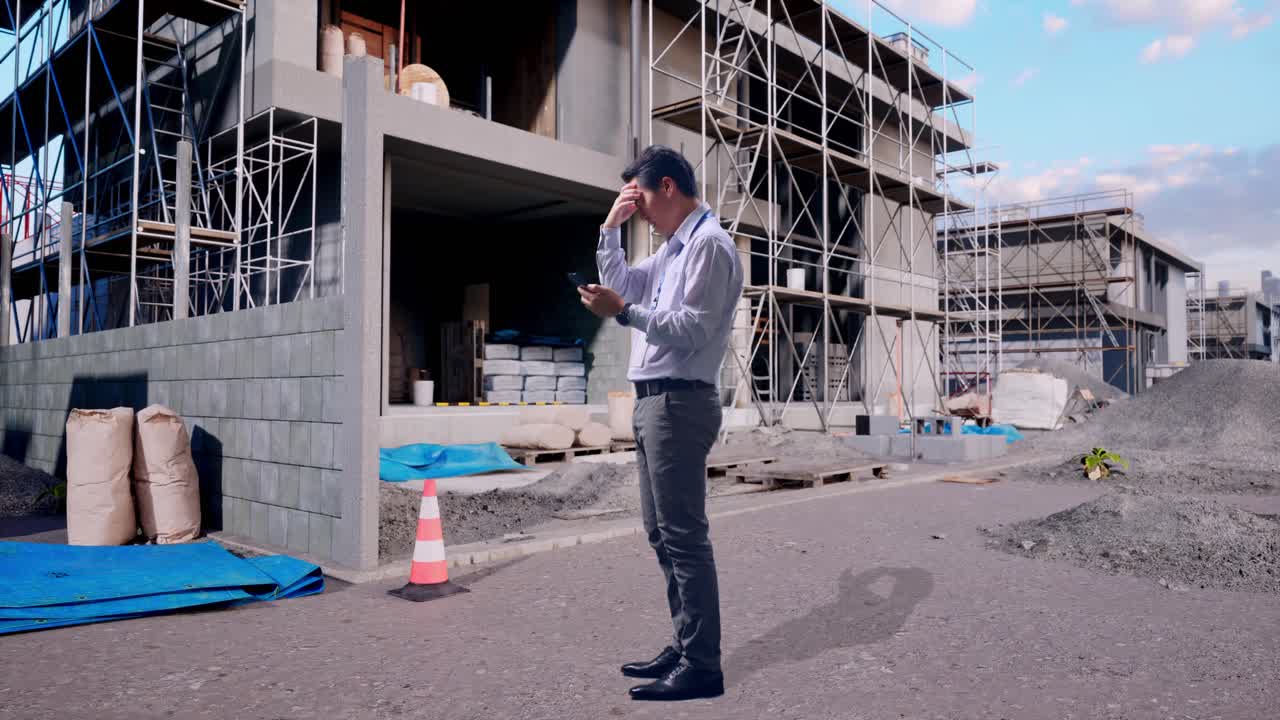 Full Body Side View Of An Asian Male Professional Worker Standing With His phone At Construction Site in Progress to New House, He Is Nodding His Head With Dissapionted