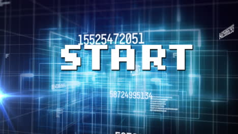 animation of start text over data processing and light trails