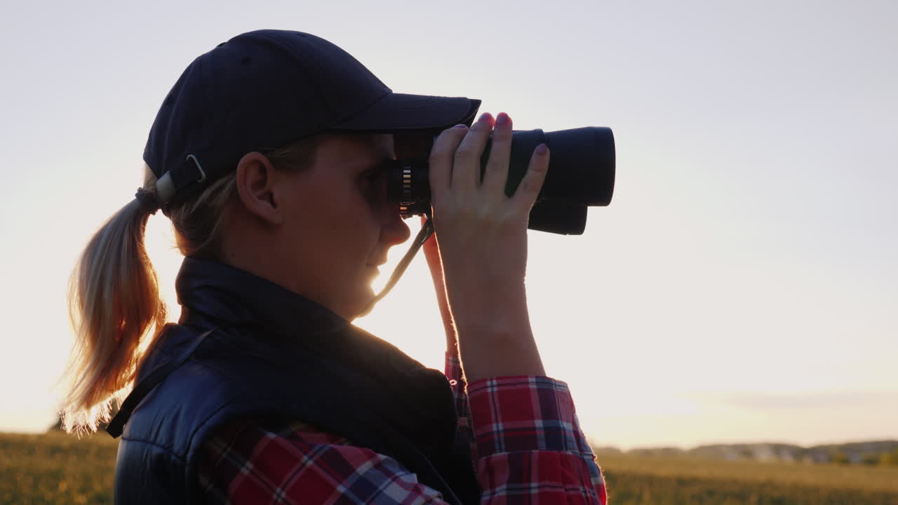 일몰 여행과 사파리 개념 4k 비디오에서 쌍안경을 통해 보는 여자