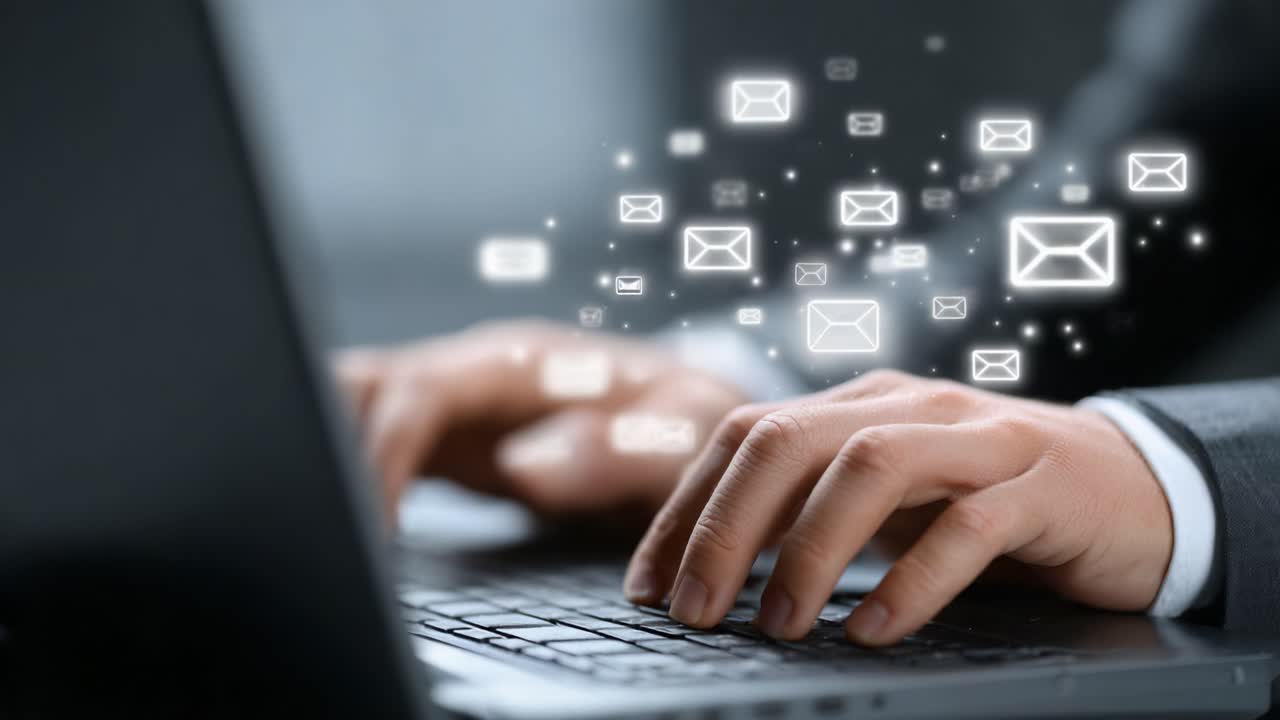 A Professional Typing on a Laptop with Floating Email Icons Representing Digital Communication, Connectivity, and Technology in Modern Business Practices