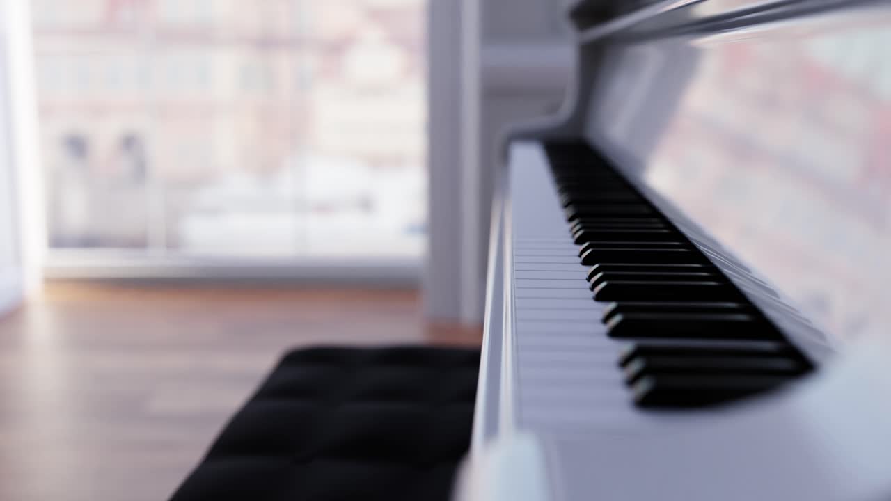 Eleganti tasti bianchi di pianoforte con sfondo di finestra luminosa