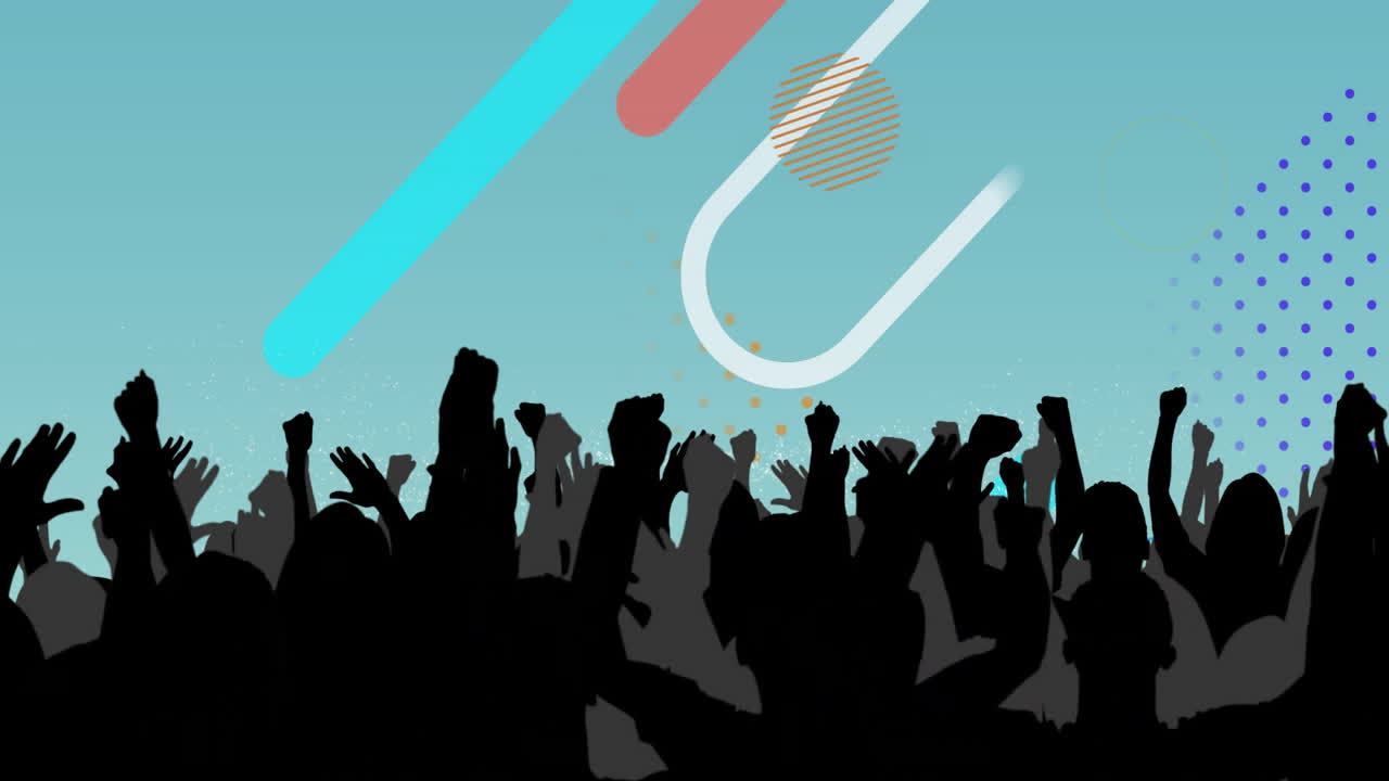 Animation of abstract shapes over peiple dancing on blue background