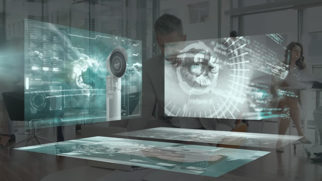 animación del procesamiento de datos en pantallas sobre una mujer de negocios