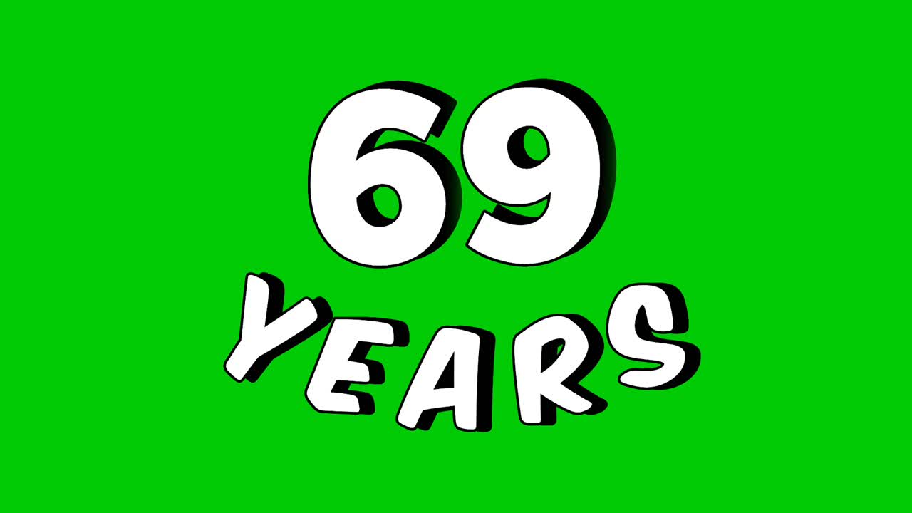 Cartoon style number 69 years text animation on a green screen background, perfect for birthday, anniversary, and celebration videos. Motion graphic element with chroma key for easy integration