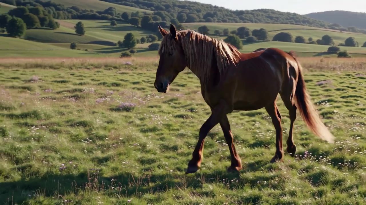 Brun hest der går på en solrig grøn mark