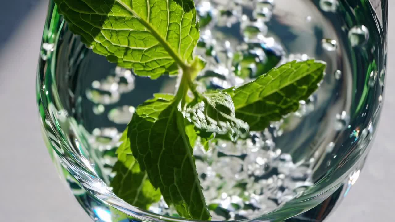Fresh green mint leaves submerged in sparkling water, creating a refreshing visual effect with bubbles rising, showcasing the vibrant colors and textures in a glass