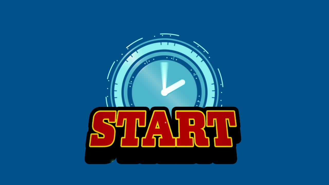 Animation of start and moving clock on blue background