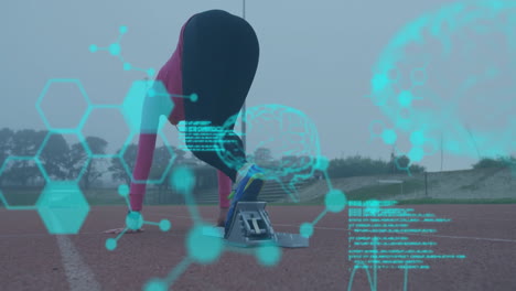 runner preparing to start race with scientific data processing animation over track