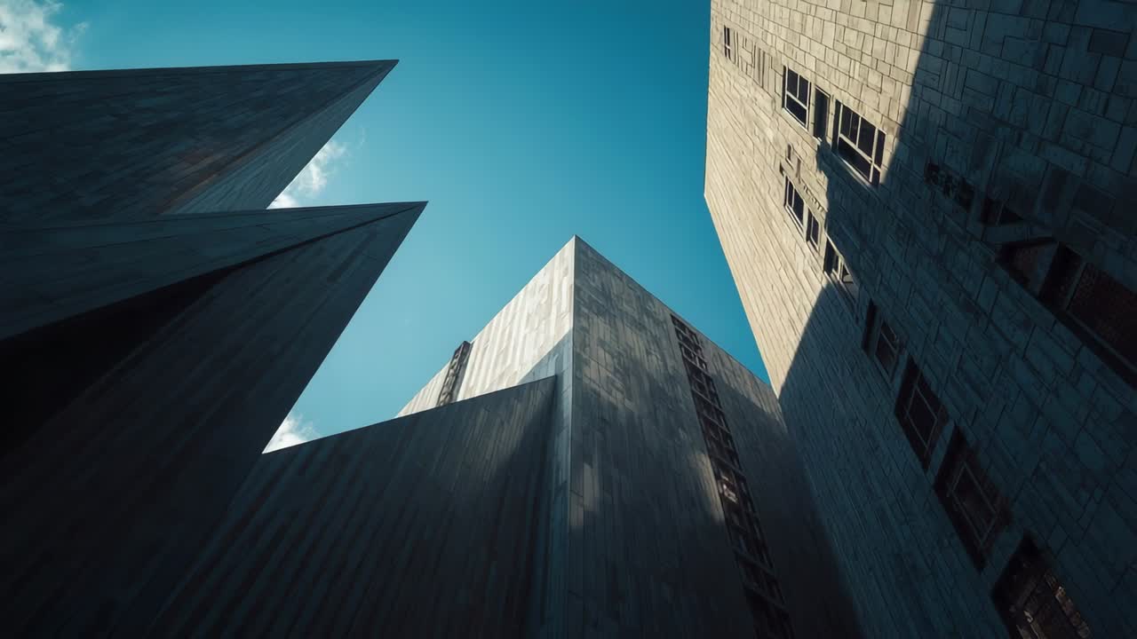 Shooting steady shot highlighting converging concrete facades at urban alley, shifting shadows