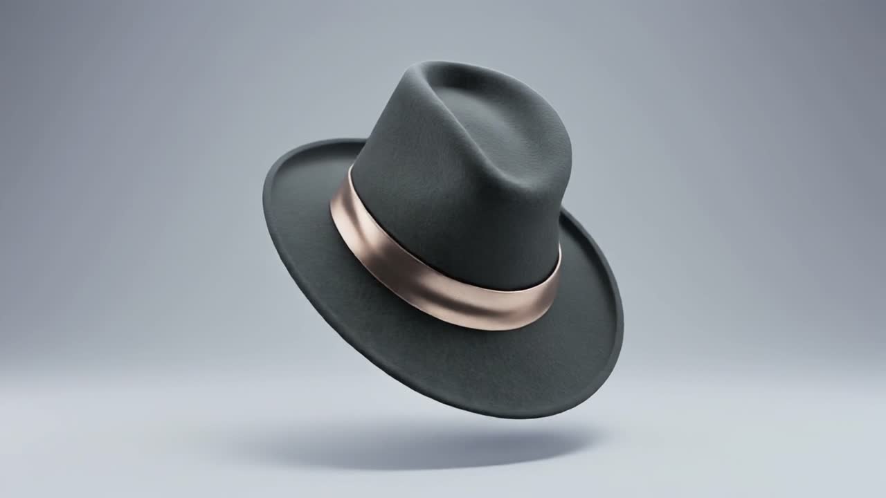 Grey Fedora Hat with Rose Gold Band Rotating in Studio