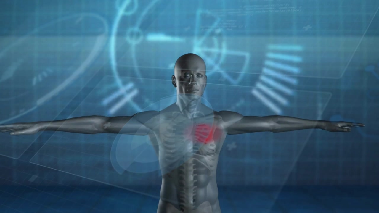 Soft red chest glow emerging on metallic figure, visualizing pulsing ECG and rotating health charts