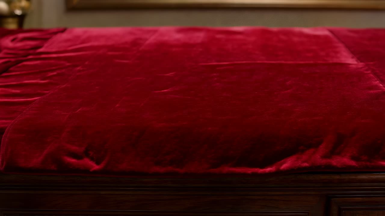 Panoramica con la camera verso destra, rivelando un top in velluto rosso su una credenza che mostra la cucitura, il pannello e l'arte incorniciata