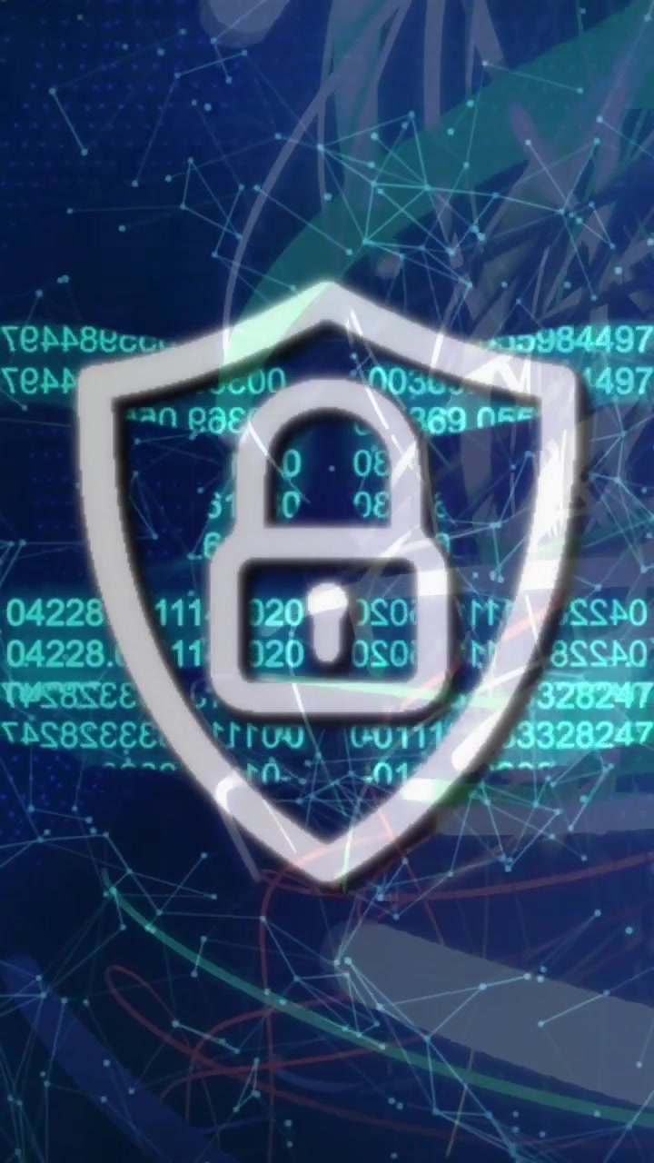 Vertical video: Glitch cloud forming, distorting shield, shield restoring IT security, code pulsing