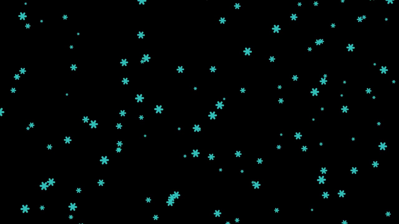 Teal Snowflake Particles Falling on Black Background