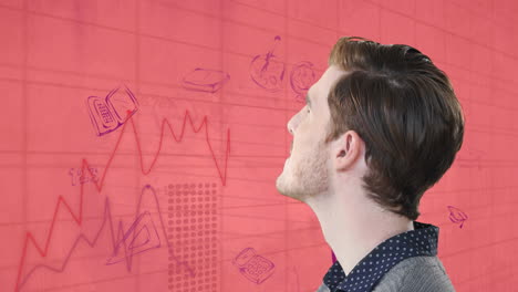 animation of thoughtful caucasian male student over graphs and learning icons on pink paper