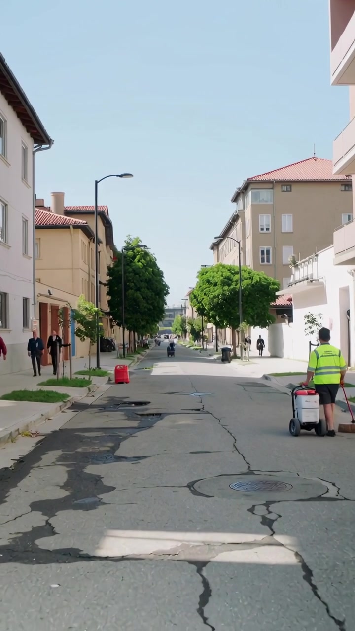 Video verticale: Operaio con giubbotto ad alta visibilità che entra da destra, spingendo un carrello e pulendo una strada locale, con spazio per il testo.