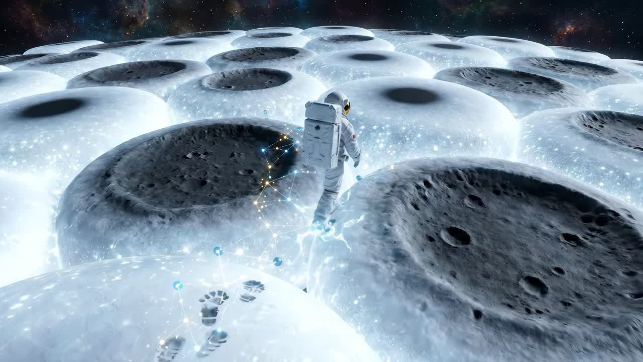 Astronaut Walking on Surreal Moon-like Surface with Glowing Footprints
