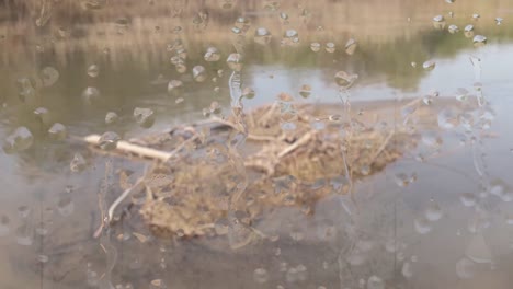 Blick-Durch-Ein-Nasses-Glasfenster-Auf-Einen-Fluss,-Der-Im-Land-Fließt