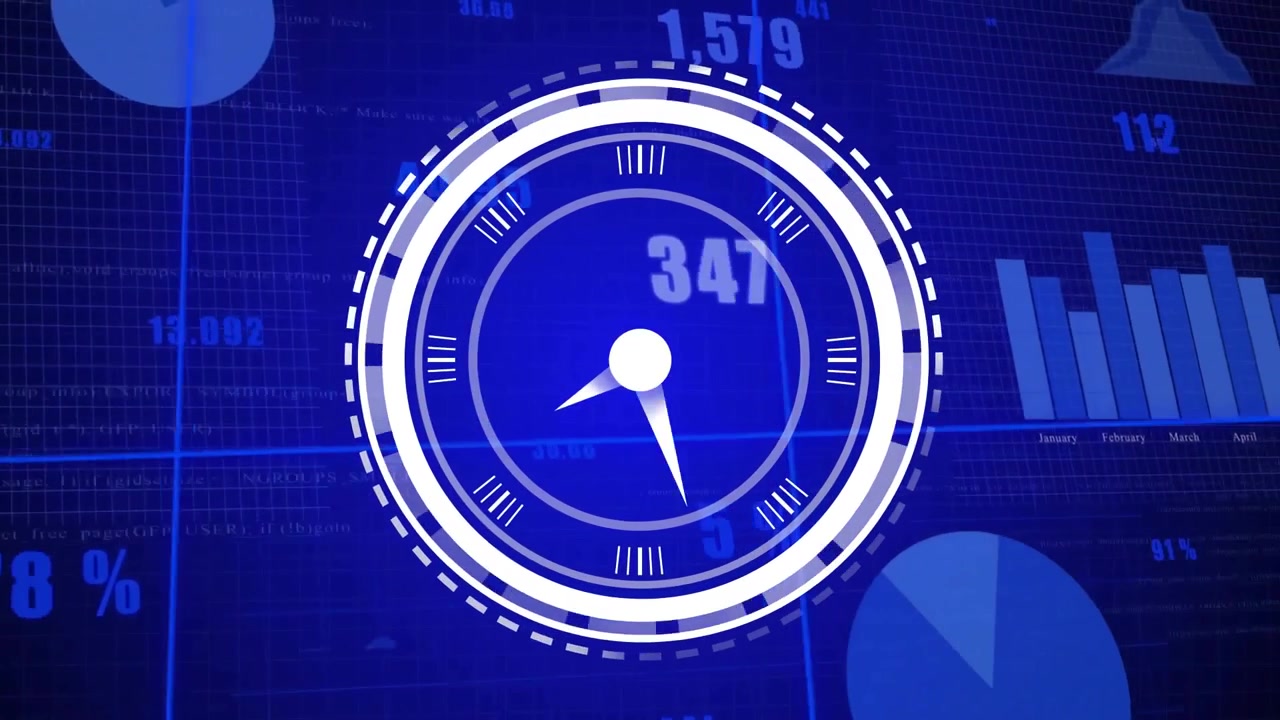 3D white segmented dial emerging from left, rotating into view, sweeping needle showing data trends