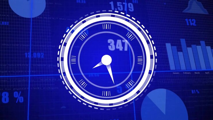 3D white segmented dial emerging from left, rotating into view, sweeping needle showing data trends