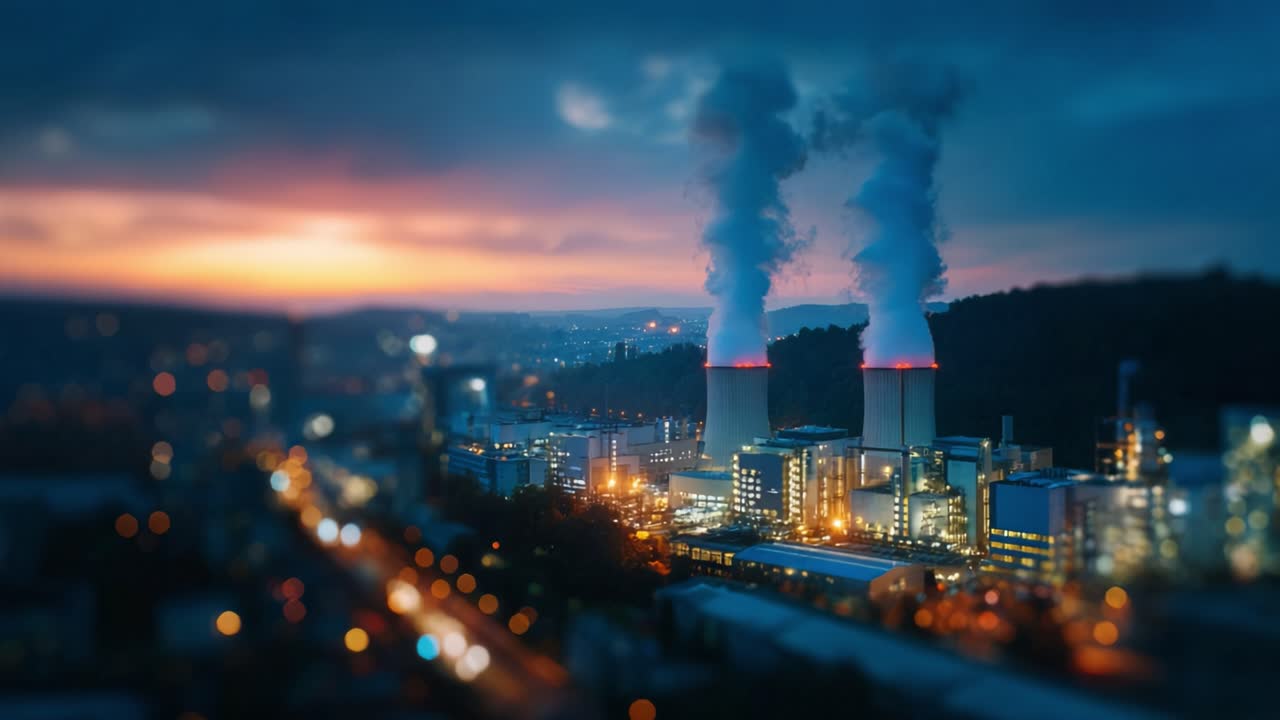 Vista aerea di una centrale elettrica al crepuscolo, che mostra cimini che emettono vapore su uno sfondo di tramonto vibrante, con luci industriali incandescenti e attività.