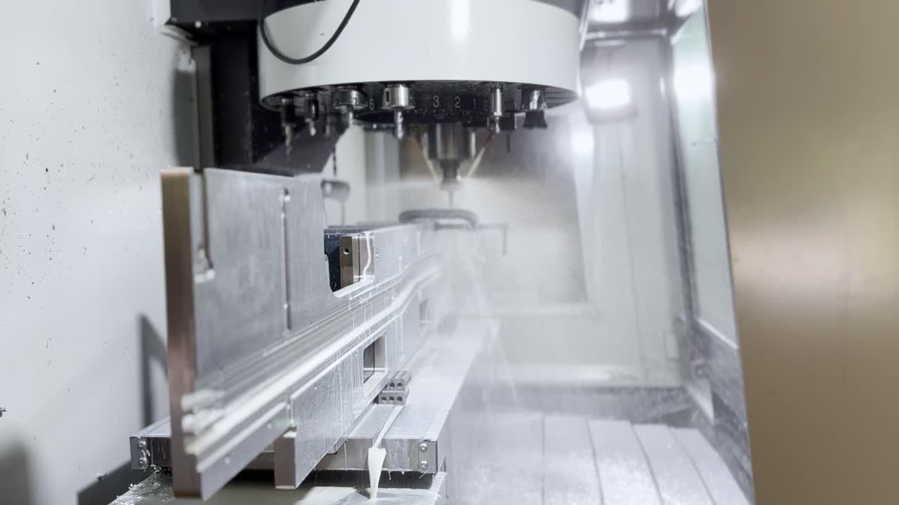 Close Up Shot Of An Automated CNC Machine Precision Milling Aluminum Plate In A Metalworking Shop