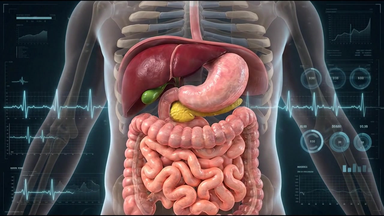 Transparent torso displaying stomach liver and intestines in anatomy overview