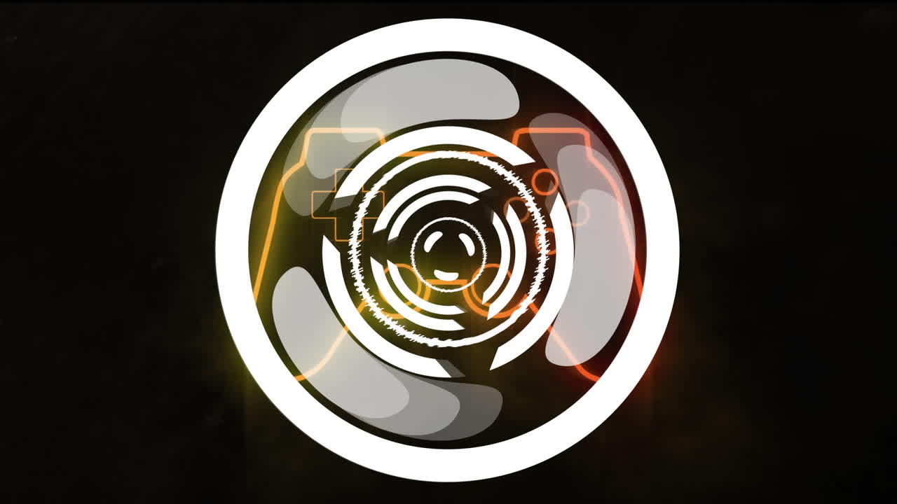 검은 바탕에 오렌지색 게임패드 위에 회전하는  ⁇ 색 원형 스캐너의 애니메이션